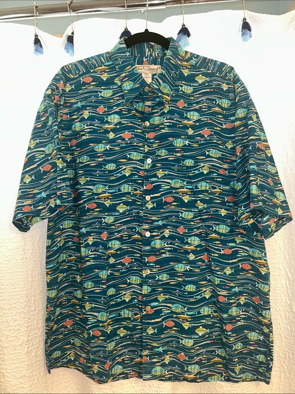 Tori Richard Teal Tropical Fish Print Camp Shirt
